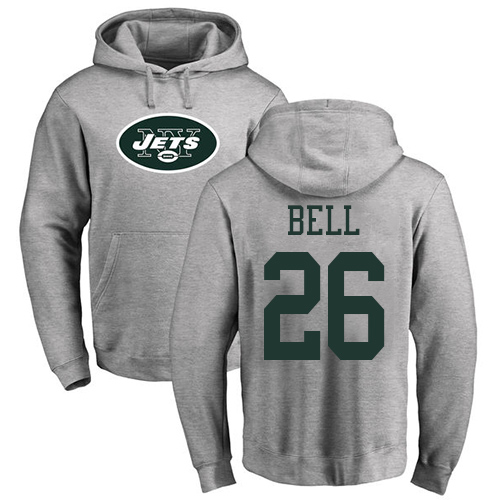 New York Jets Men Ash LeVeon Bell Name and Number Logo NFL Football 26 Pullover Hoodie Sweatshirts
